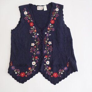 Vintage Erika II Knit Vest Navy Floral Embroidered Cottagecore Grandmacore S